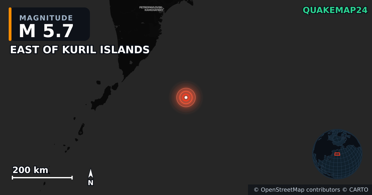 M5.7 earthquake near EAST OF KURIL ISLANDS on Jul 30, 2025 — map of epicenter and shaking intensity | QuakeMap24
