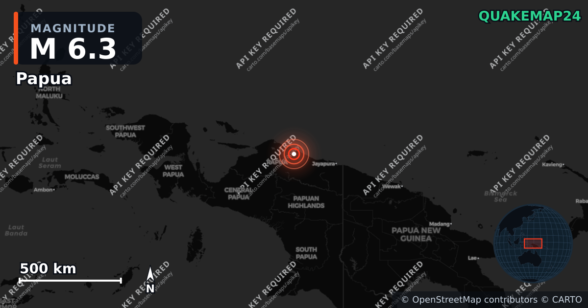 M6.3 earthquake near Papua on Aug 12, 2025 — map of epicenter and shaking intensity | QuakeMap24