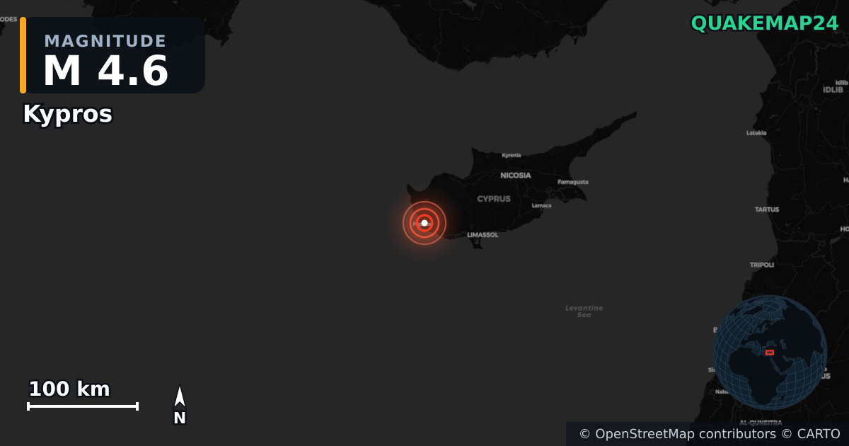 M4.6 earthquake near Kypros on Nov 12, 2025 — map of epicenter and shaking intensity | QuakeMap24
