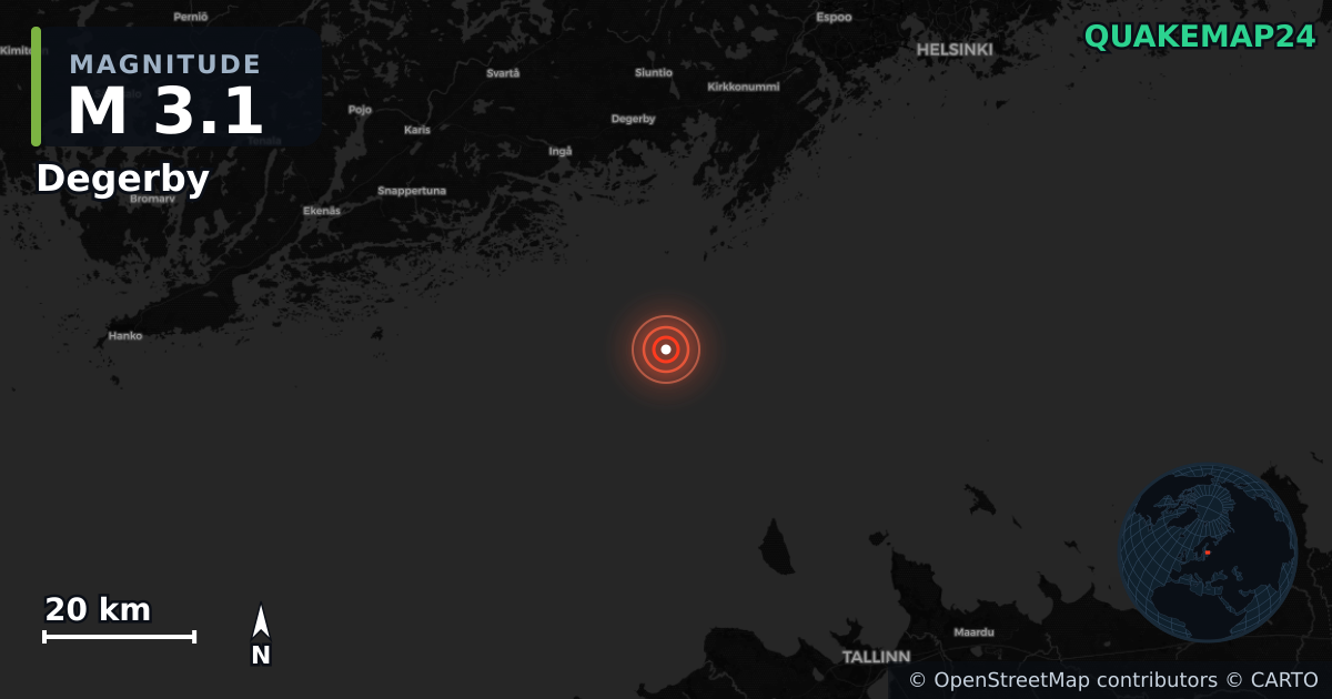 M3.1 earthquake near Degerby on Sep 29, 2025 — map of epicenter and shaking intensity | QuakeMap24