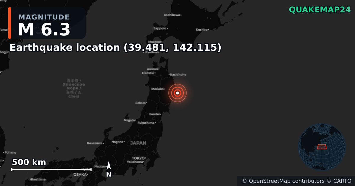 M6.3 earthquake near Deprem konumu (39.481, 142.115) on Apr 20, 2026 — map of epicenter and shaking intensity | QuakeMap24
