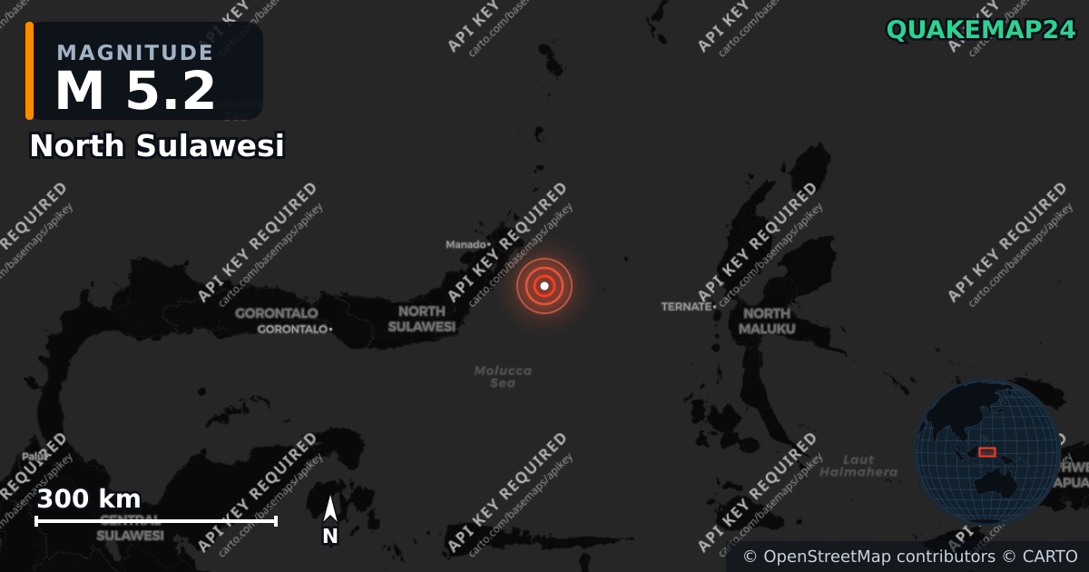 M5.2 earthquake near North Sulawesi on Aug 13, 2025 — map of epicenter and shaking intensity | QuakeMap24