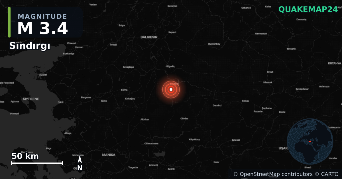 M3.4 earthquake near Sındırgı on Aug 12, 2025 — map of epicenter and shaking intensity | QuakeMap24