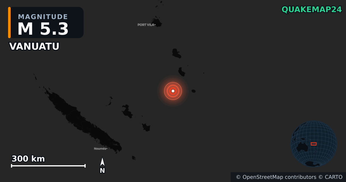M5.3 earthquake near VANUATU on Sep 25, 2025 — map of epicenter and shaking intensity | QuakeMap24