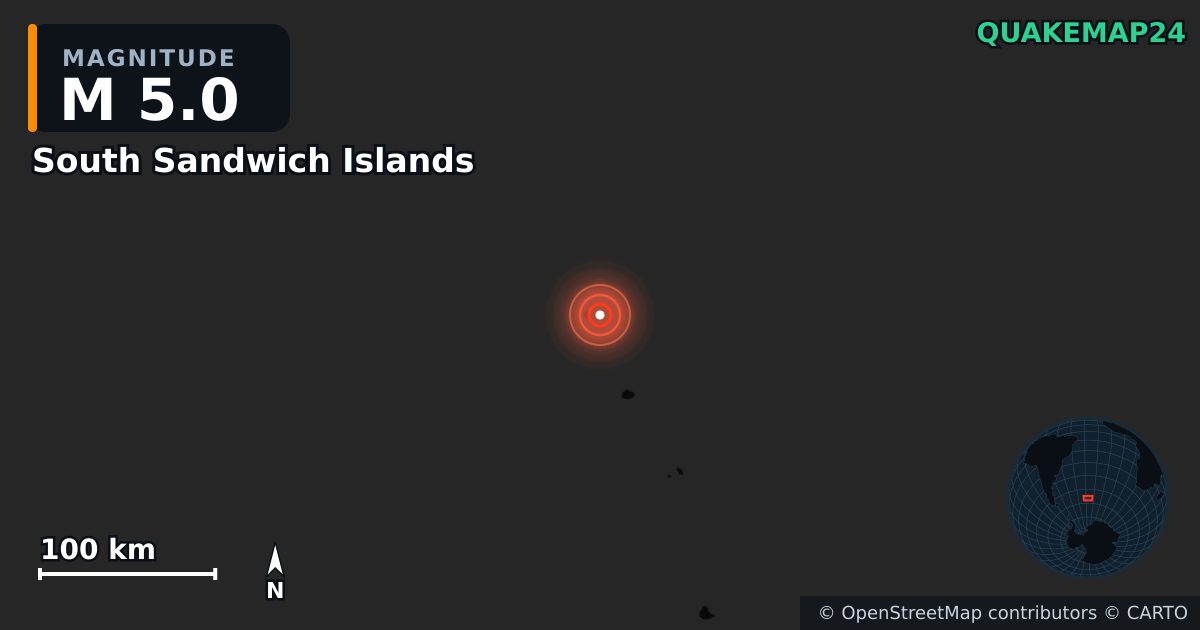 M5.0 earthquake near South Sandwich Islands on Jun 16, 2026 — map of epicenter and shaking intensity | QuakeMap24