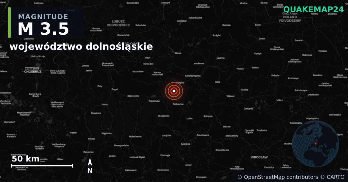 M3.5 earthquake near województwo dolnośląskie on Jul 22, 2025 — map of epicenter and shaking intensity | QuakeMap24