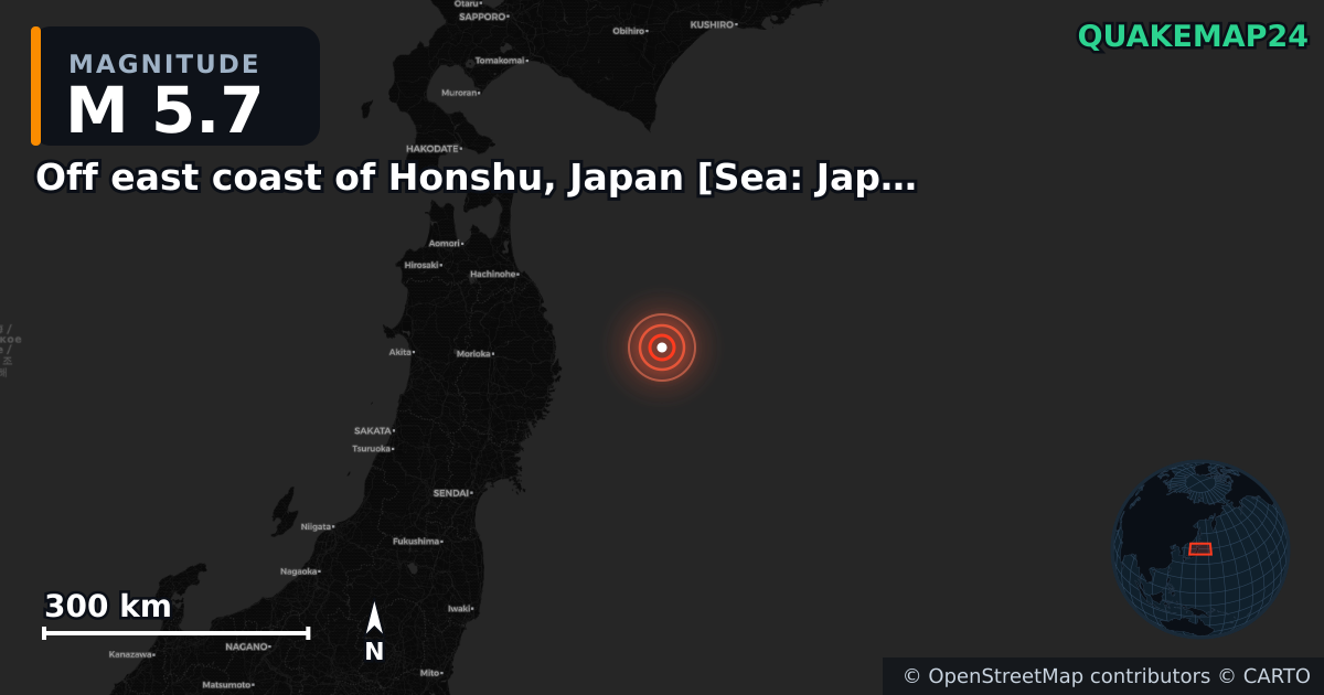 M5.7 earthquake near Off east coast of Honshu, Japan [Sea: Japan] on Nov 12, 2025 — map of epicenter and shaking intensity | QuakeMap24