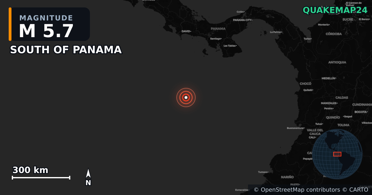 M5.7 earthquake near SOUTH OF PANAMA on Jun 5, 2025 — map of epicenter and shaking intensity | QuakeMap24