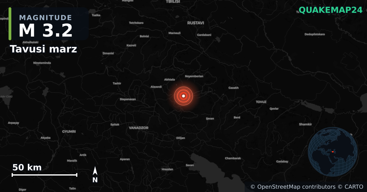 M3.2 earthquake near Tavusi marz on Aug 22, 2025 — map of epicenter and shaking intensity | QuakeMap24