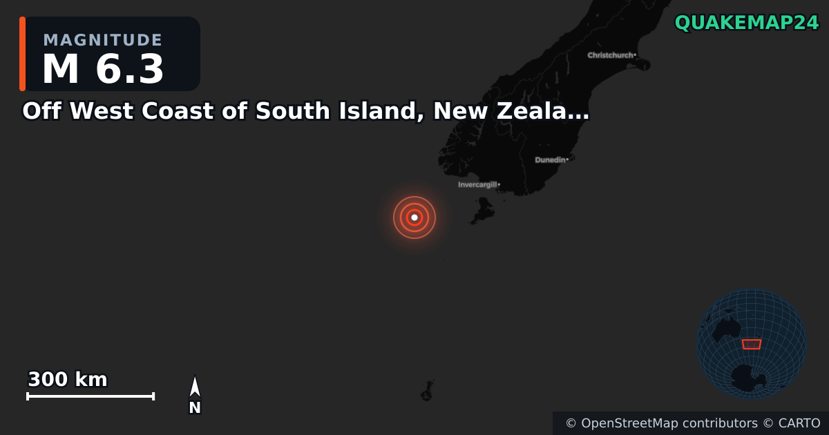 Erdbeben M6,3 bei Off West Coast of South Island, New Zealand · 2025-07-07 — Karte der Lage des Epizentrums