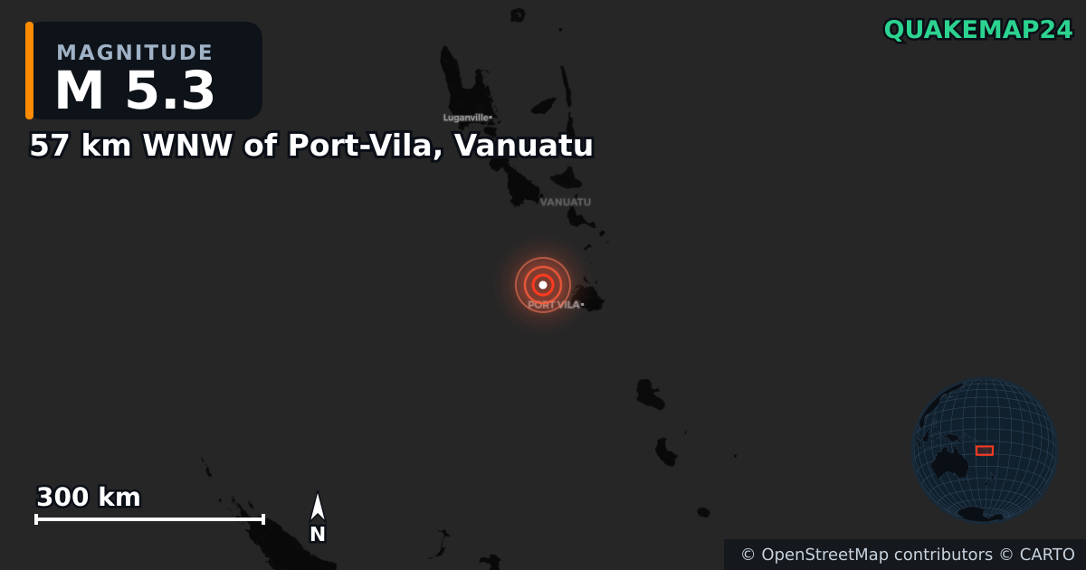 M5.3 earthquake near 57 km WNW of Port-Vila, Vanuatu on Feb 10, 2025 — map of epicenter and shaking intensity | QuakeMap24