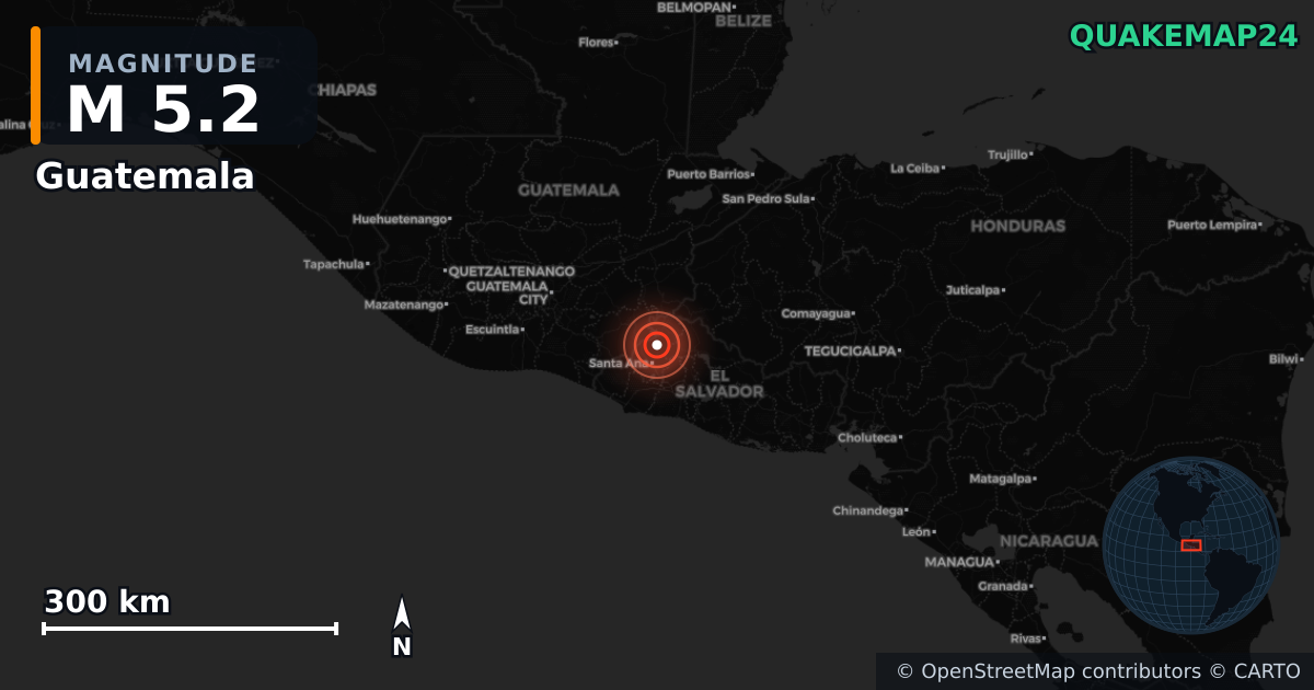M5.2 earthquake near Guatemala on Nov 6, 2025 — map of epicenter and shaking intensity | QuakeMap24