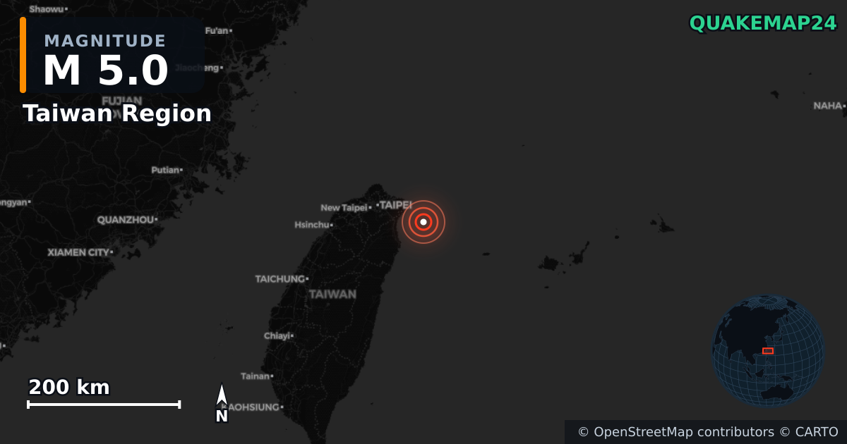 M5.0 earthquake near Taiwan Region on Nov 14, 2025 — map of epicenter and shaking intensity | QuakeMap24