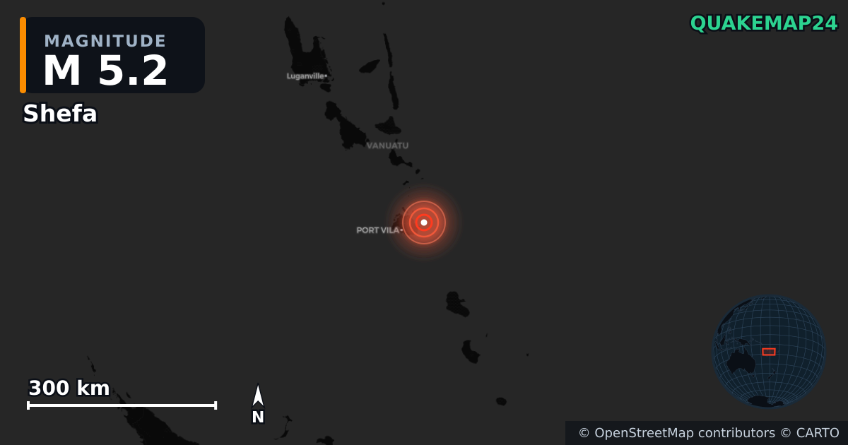 M5.2 earthquake near Shefa on Aug 22, 2025 — map of epicenter and shaking intensity | QuakeMap24