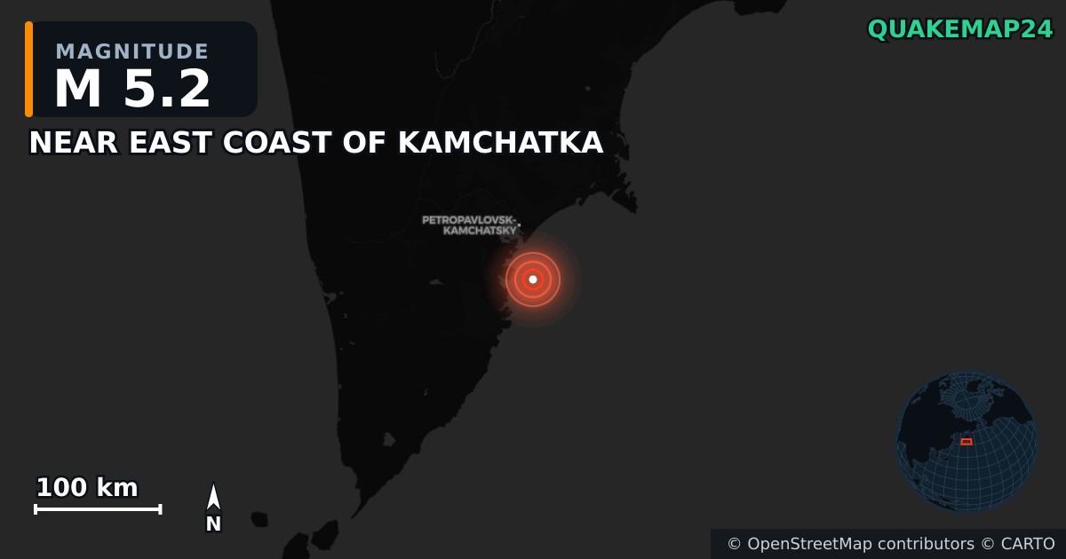 M5.2 earthquake near NEAR EAST COAST OF KAMCHATKA on Apr 25, 2026 — map of epicenter and shaking intensity | QuakeMap24