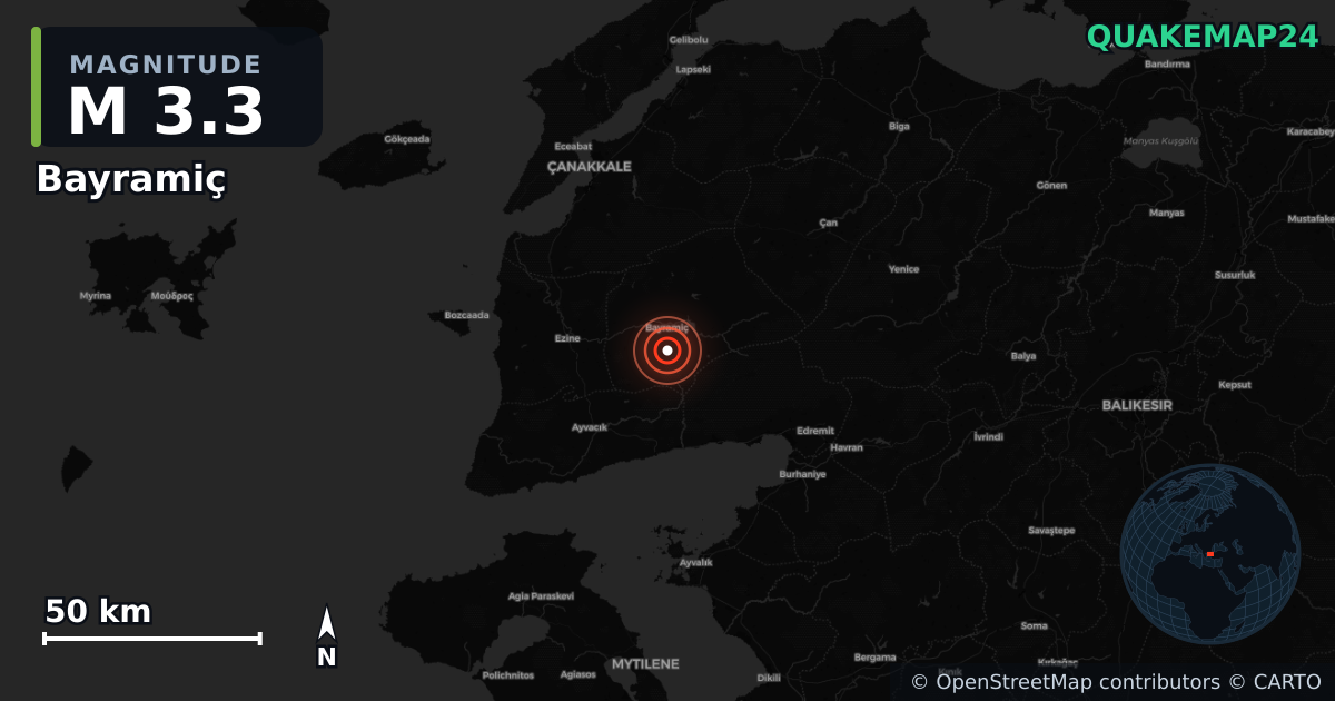 M3.3 earthquake near Bayramiç on Jul 8, 2026 — map of epicenter and shaking intensity | QuakeMap24
