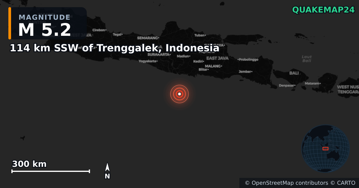 M5.2 Earthquake near 114 km SSW of Trenggalek, Indonesia · 2026-06-27 — Map showing the location of the epicenter