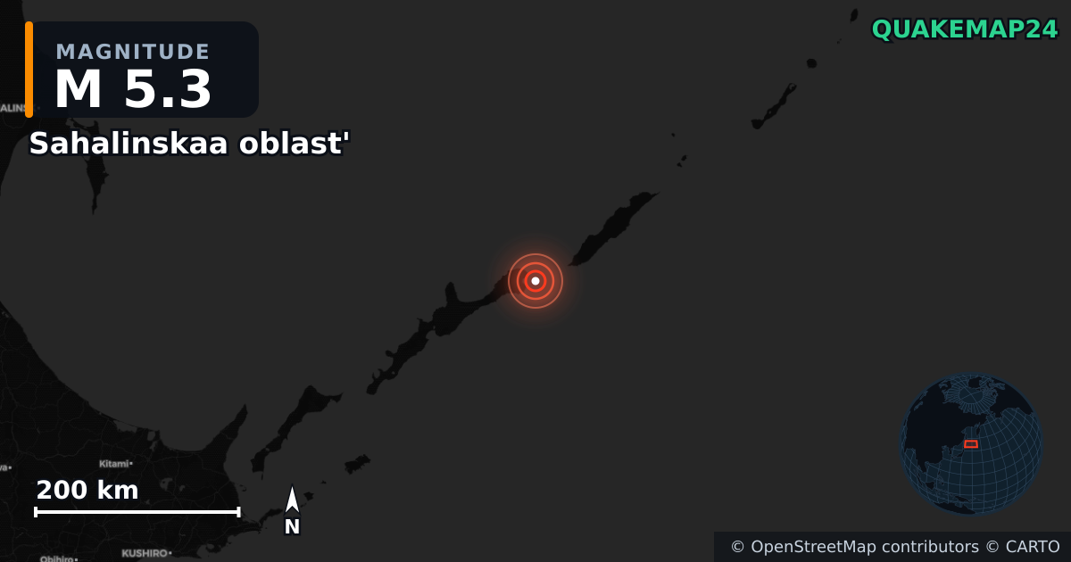 M5.3 earthquake near Sahalinskaa oblast' on Dec 16, 2025 — map of epicenter and shaking intensity | QuakeMap24