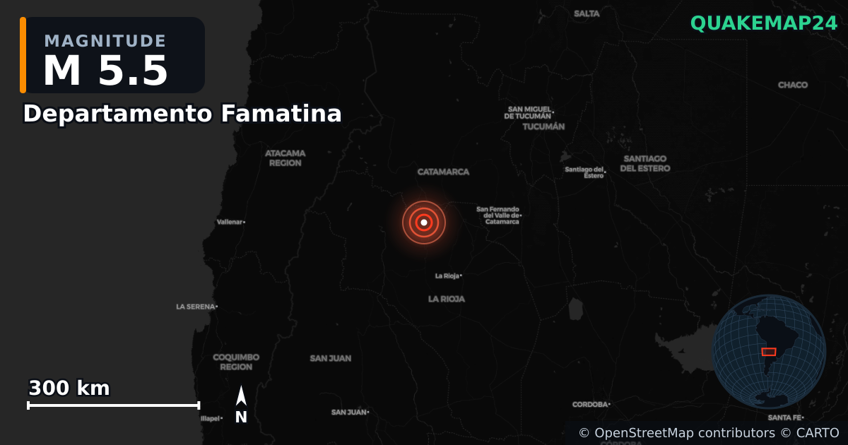 M5.5 earthquake near Departamento Famatina on May 1, 2025 — map of epicenter and shaking intensity | QuakeMap24