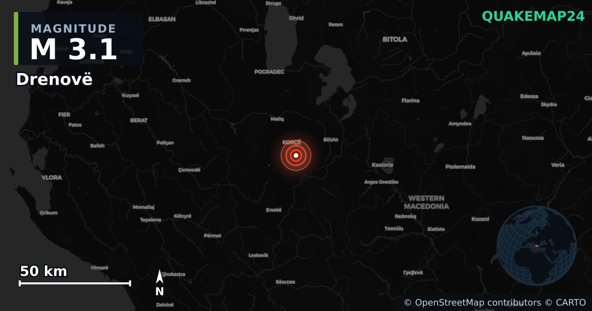 M3.1 earthquake near Drenovë on Aug 17, 2026 — map of epicenter and shaking intensity | QuakeMap24