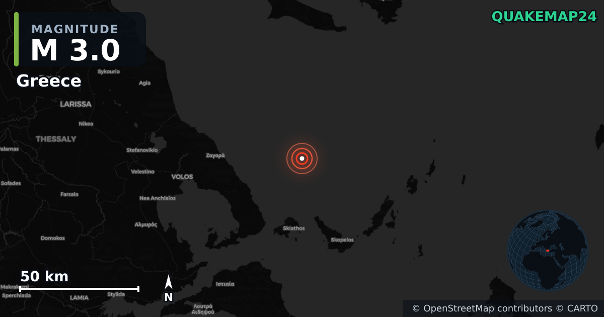 M3.0 earthquake near Greece on Apr 28, 2026 — map of epicenter and shaking intensity | QuakeMap24