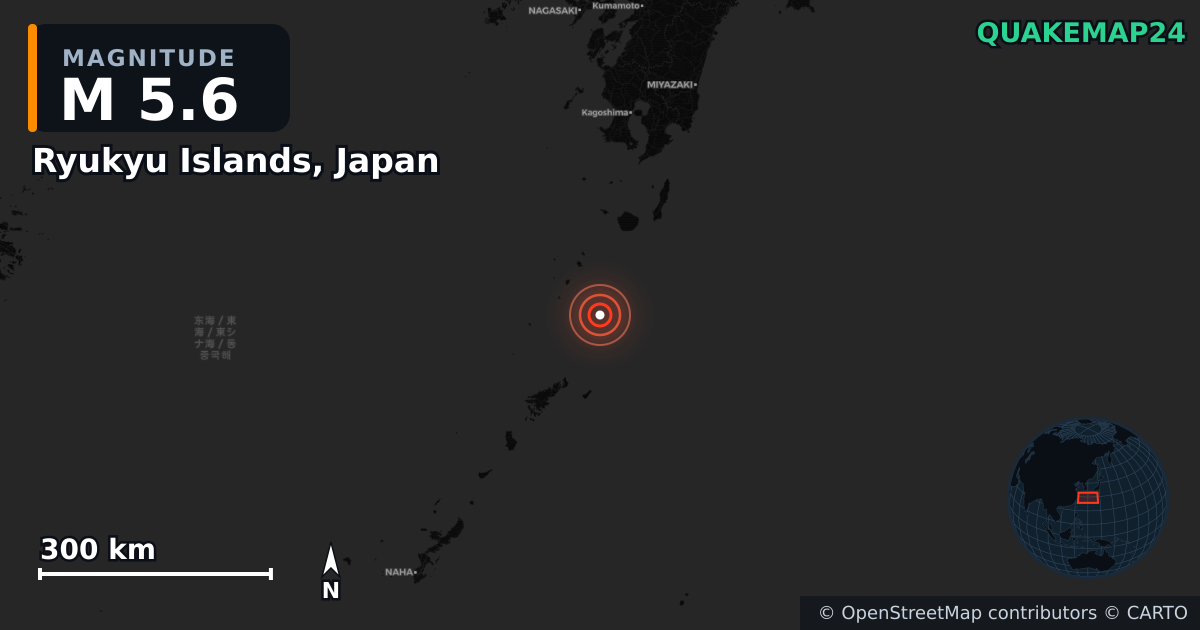 M5.6 earthquake near Ryukyu Islands, Japan on Feb 4, 2026 — map of epicenter and shaking intensity | QuakeMap24