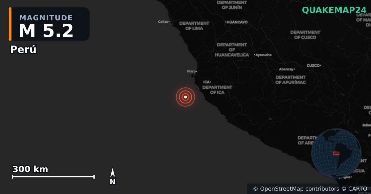 M5.2 earthquake near Perú on Apr 16, 2026 — map of epicenter and shaking intensity | QuakeMap24