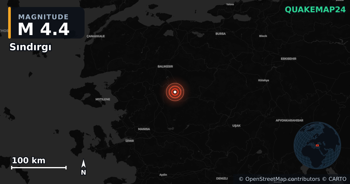 M4.4 earthquake near Sındırgı on Aug 24, 2025 — map of epicenter and shaking intensity | QuakeMap24