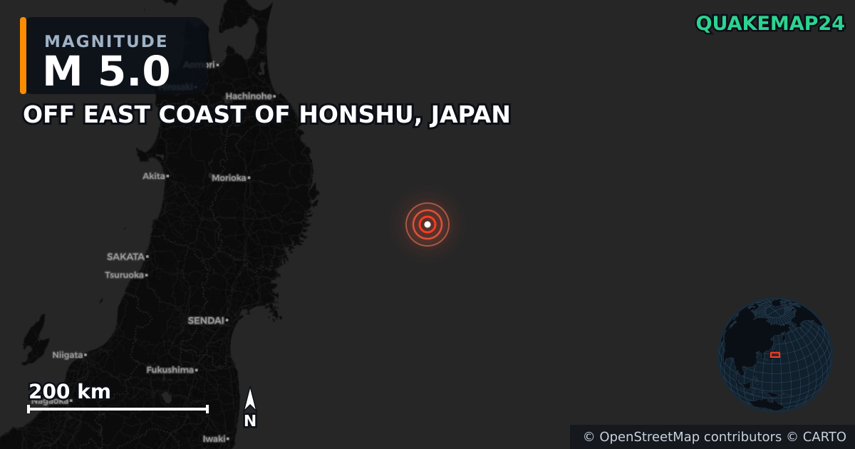 M5.0 earthquake near OFF EAST COAST OF HONSHU, JAPAN on Nov 19, 2025 — map of epicenter and shaking intensity | QuakeMap24