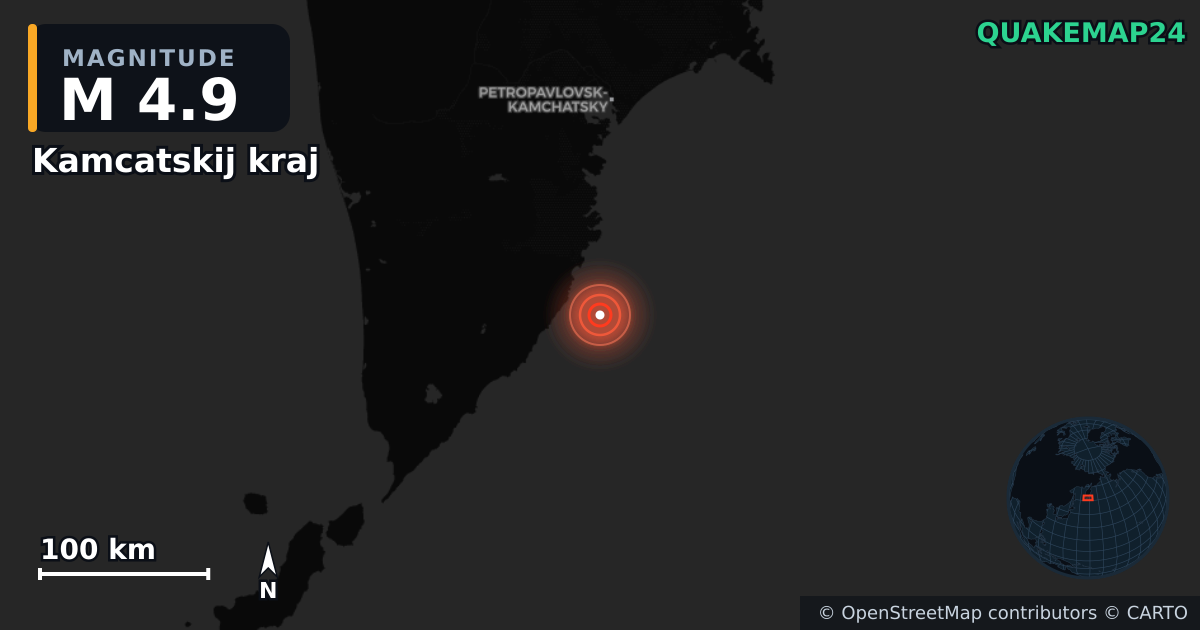 M4.9 earthquake near Kamcatskij kraj on Jan 12, 2026 — map of epicenter and shaking intensity | QuakeMap24