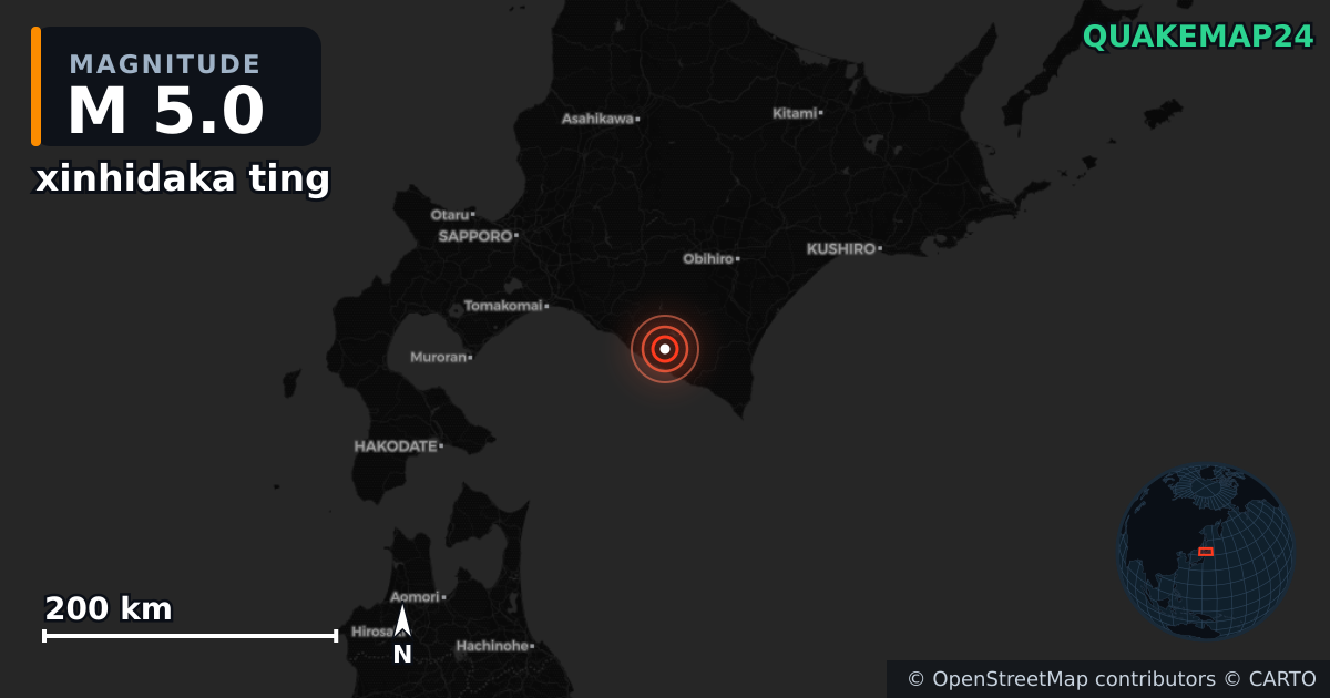 M5.0 earthquake near xinhidaka ting on Dec 1, 2025 — map of epicenter and shaking intensity | QuakeMap24