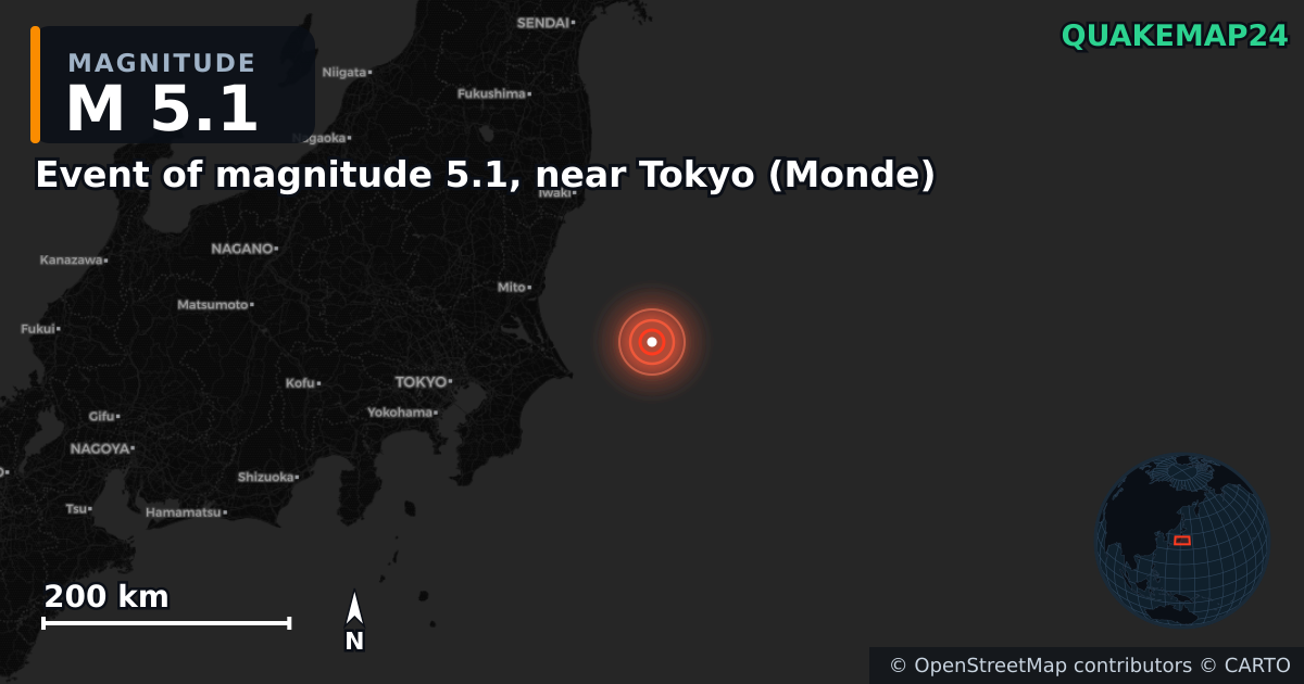 M5.1 earthquake near Event of magnitude 5.1, near Tokyo (Monde) on May 1, 2026 — map of epicenter and shaking intensity | QuakeMap24