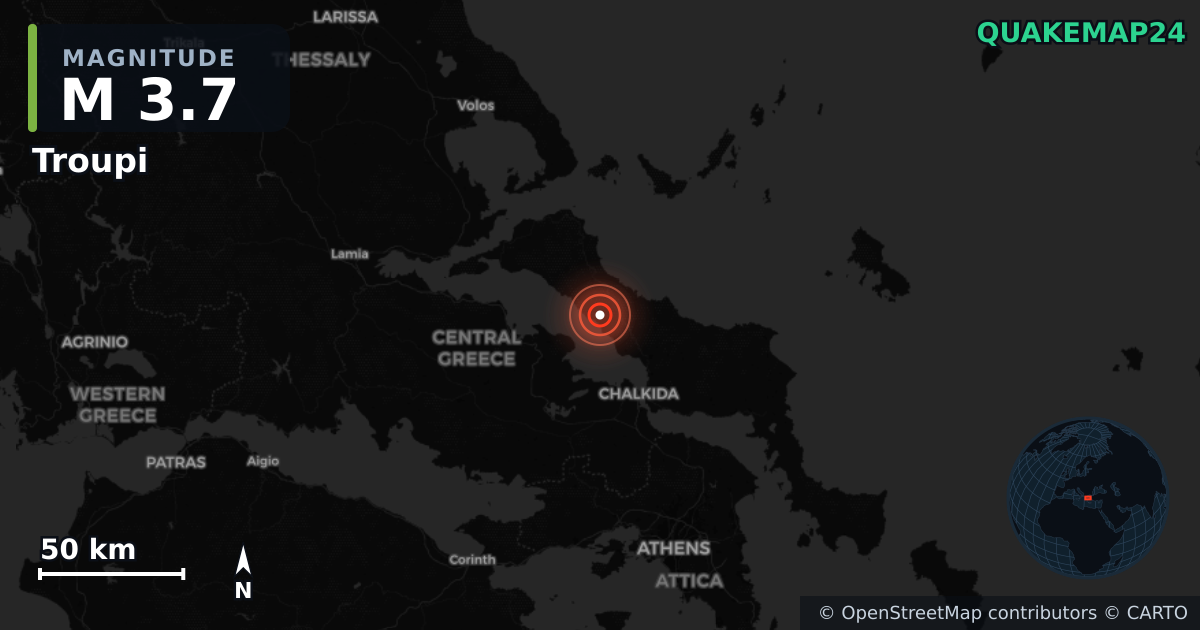 M3.7 earthquake near Troupi on Jun 12, 2026 — map of epicenter and shaking intensity | QuakeMap24