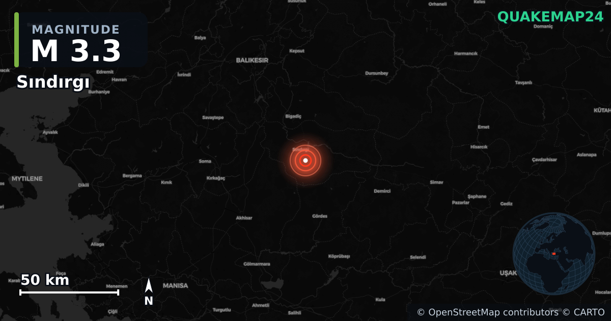 M3.3 earthquake near Sındırgı on Aug 19, 2025 — map of epicenter and shaking intensity | QuakeMap24