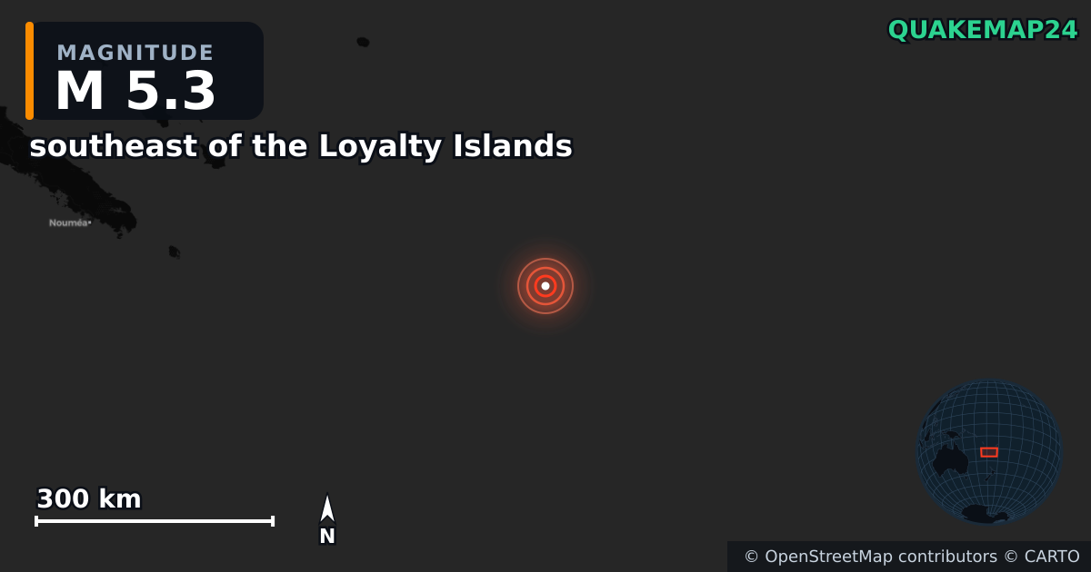 M5.3 earthquake near southeast of the Loyalty Islands on Jul 18, 2025 — map of epicenter and shaking intensity | QuakeMap24