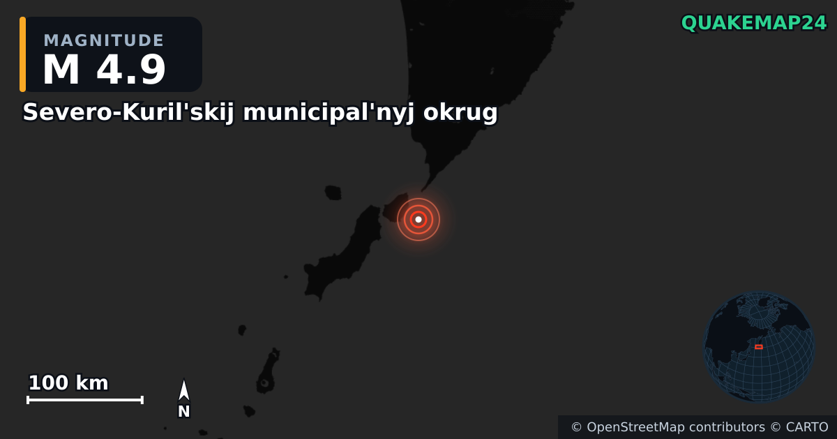 M4.9 earthquake near Severo-Kuril'skij municipal'nyj okrug on Jan 10, 2026 — map of epicenter and shaking intensity | QuakeMap24