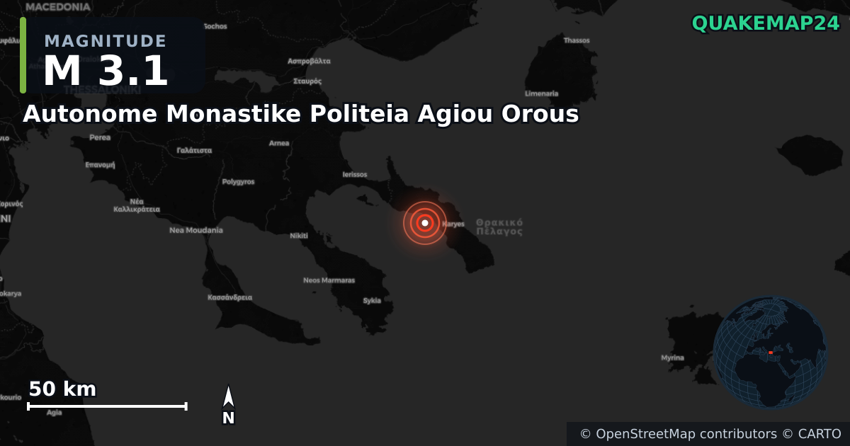 M3.1 earthquake near Autonome Monastike Politeia Agiou Orous on Jan 21, 2026 — map of epicenter and shaking intensity | QuakeMap24