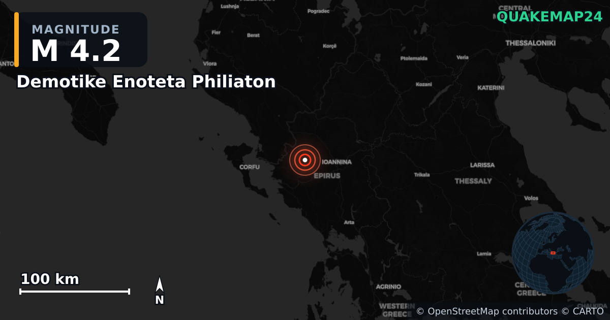 Sismo de M4,2 perto de Demotike Enoteta Philiaton, Periphereia Epeirou (Grécia) · 2026-04-04 — Mapa da localização do epicentro