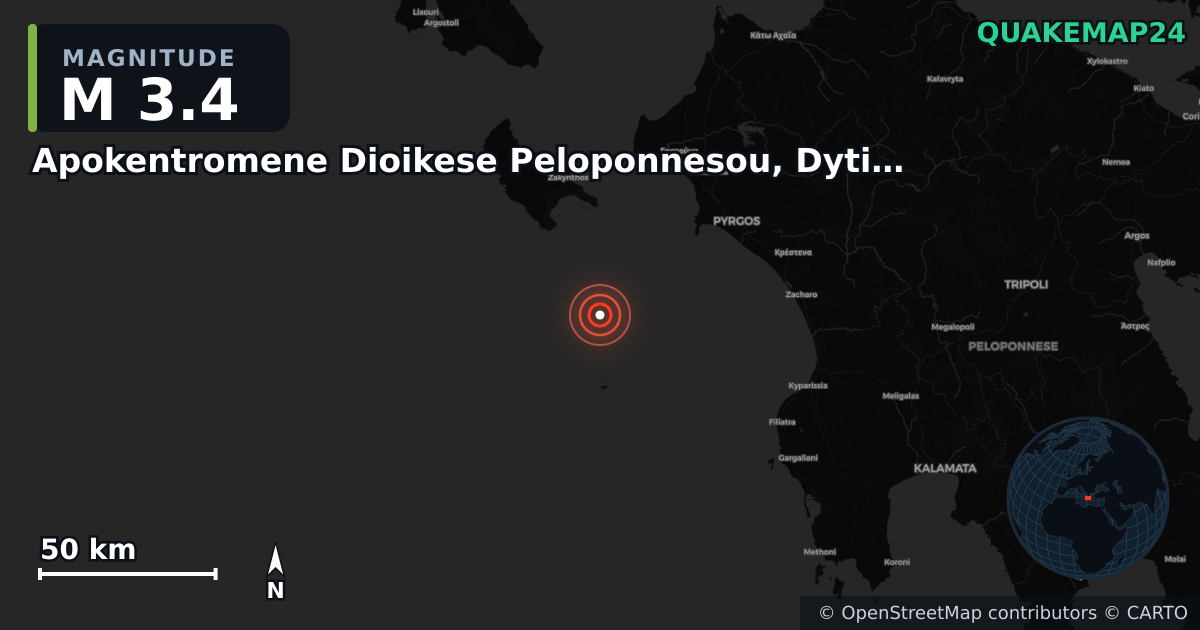 M3.4 earthquake near Apokentromene Dioikese Peloponnesou, Dytikes Elladas kai Ioniou on May 6, 2025 — map of epicenter and shaking intensity | QuakeMap24