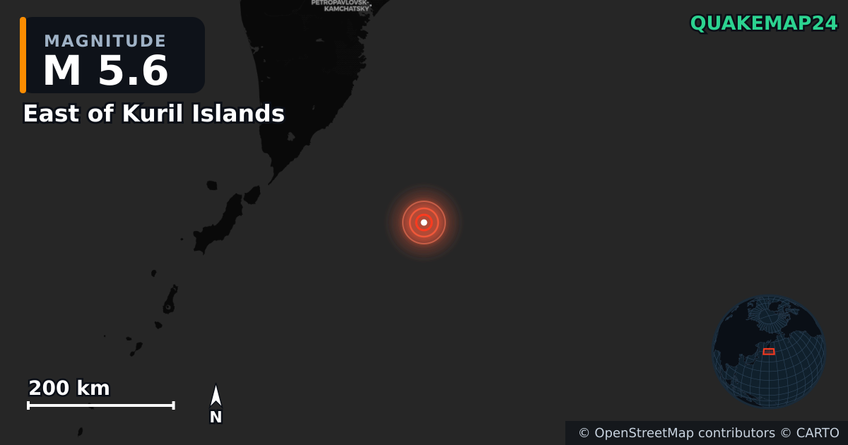 M5.6 earthquake near East of Kuril Islands on Jul 30, 2025 — map of epicenter and shaking intensity | QuakeMap24
