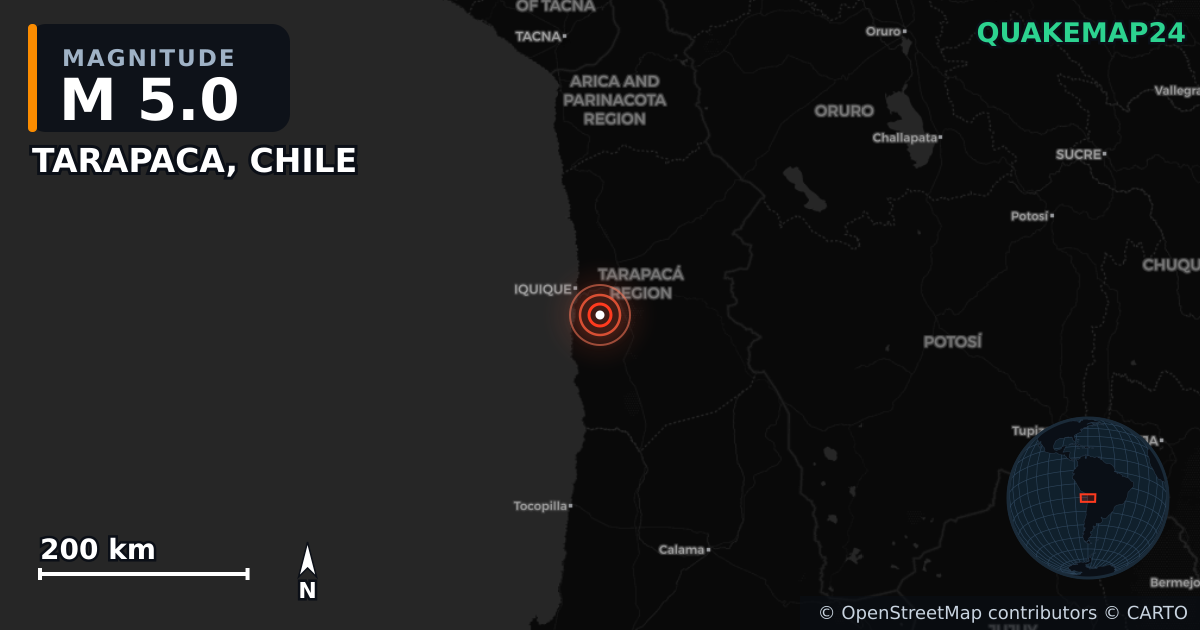 M5.0 earthquake near TARAPACA, CHILE on May 18, 2026 — map of epicenter and shaking intensity | QuakeMap24
