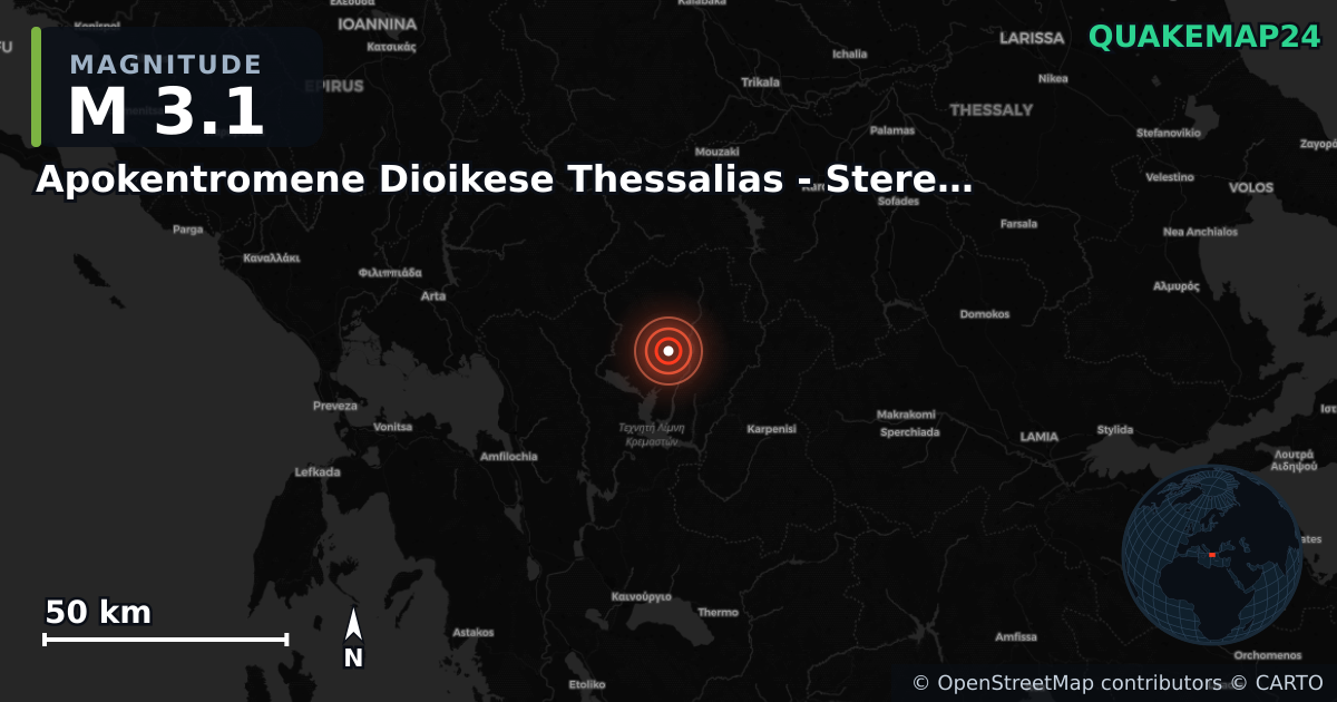 M3.1 earthquake near Apokentromene Dioikese Thessalias - Stereas Ellados on Nov 11, 2025 — map of epicenter and shaking intensity | QuakeMap24