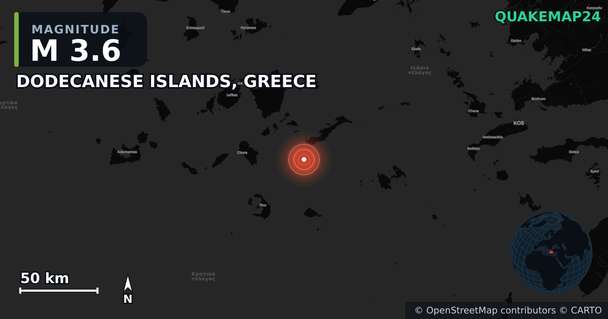 M3.6 earthquake near DODECANESE ISLANDS, GREECE on Apr 24, 2025 — map of epicenter and shaking intensity | QuakeMap24