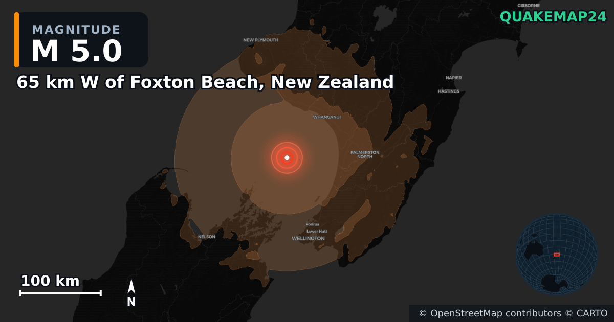 M5.0 Earthquake near 65 km W of Foxton Beach, New Zealand · 2026-06-28 — Map showing the location of the epicenter