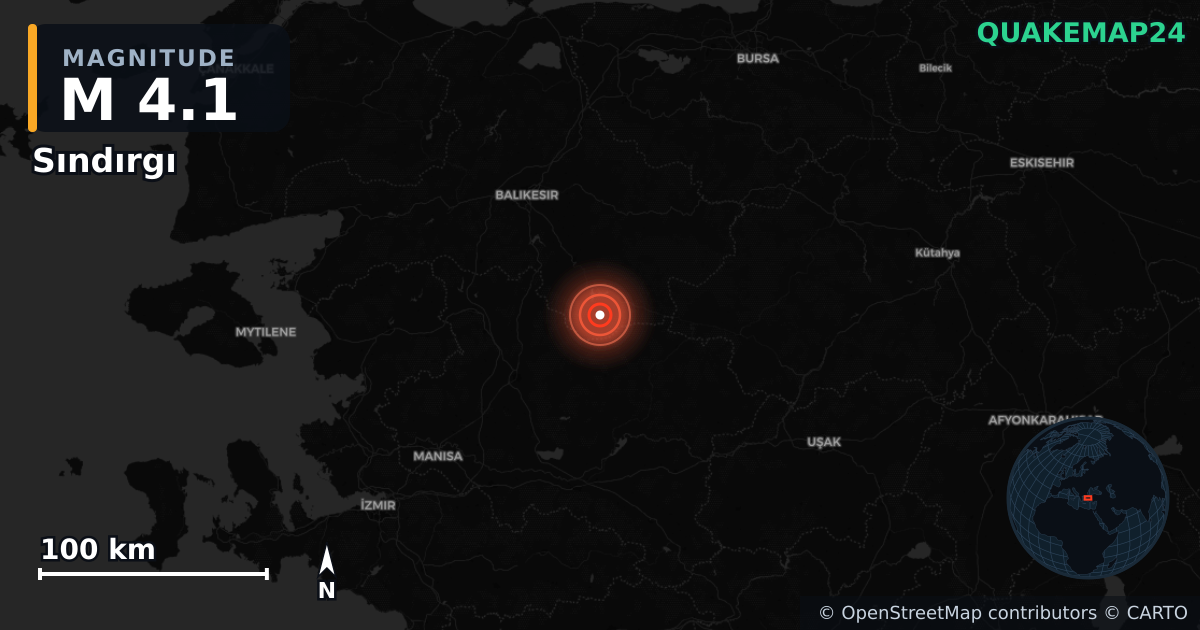 M4.1 earthquake near Sındırgı on Aug 23, 2025 — map of epicenter and shaking intensity | QuakeMap24