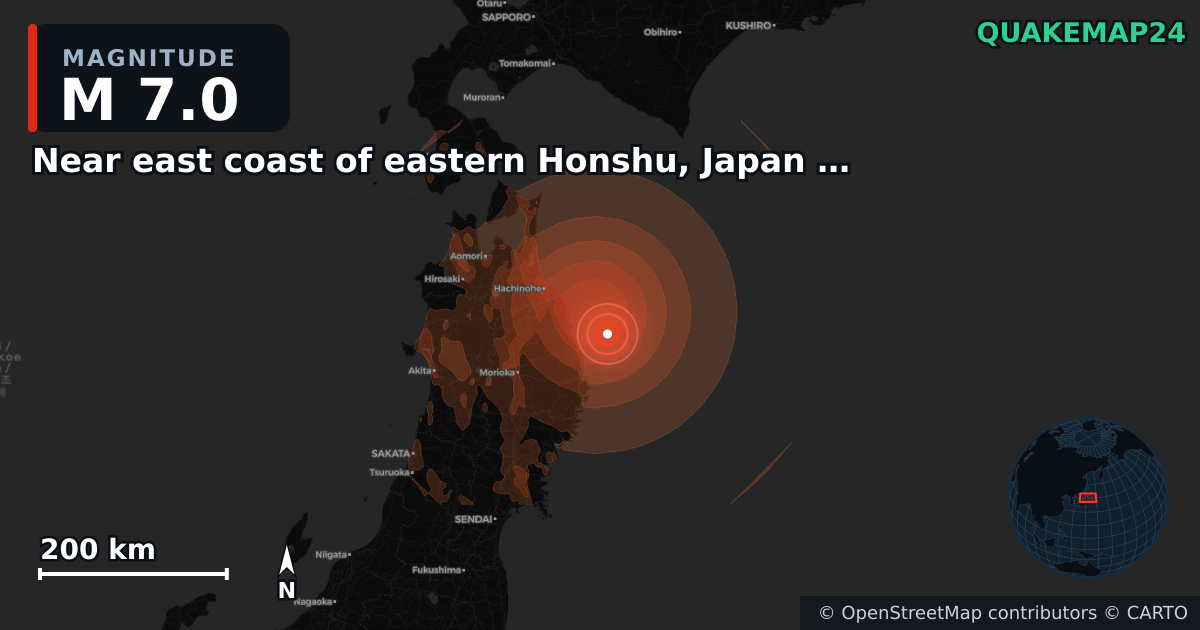 M7.0 earthquake near Near east coast of eastern Honshu, Japan [Sea: Japan] on Jun 24, 2026 — map of epicenter and shaking intensity | QuakeMap24