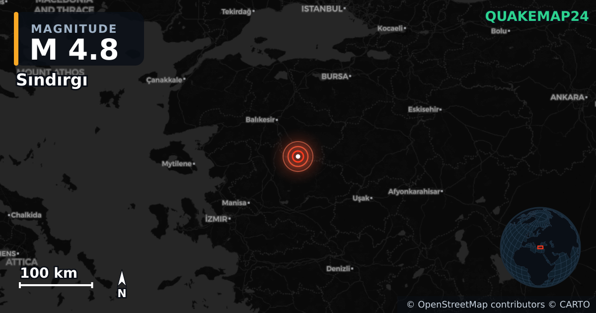 M4.8 earthquake near Sındırgı on Sep 23, 2025 — map of epicenter and shaking intensity | QuakeMap24