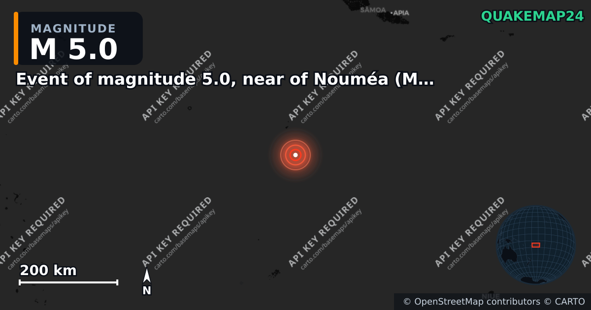 M5.0 earthquake near Event of magnitude 5.0, near of Nouméa (Monde) on Mar 29, 2026 — map of epicenter and shaking intensity | QuakeMap24