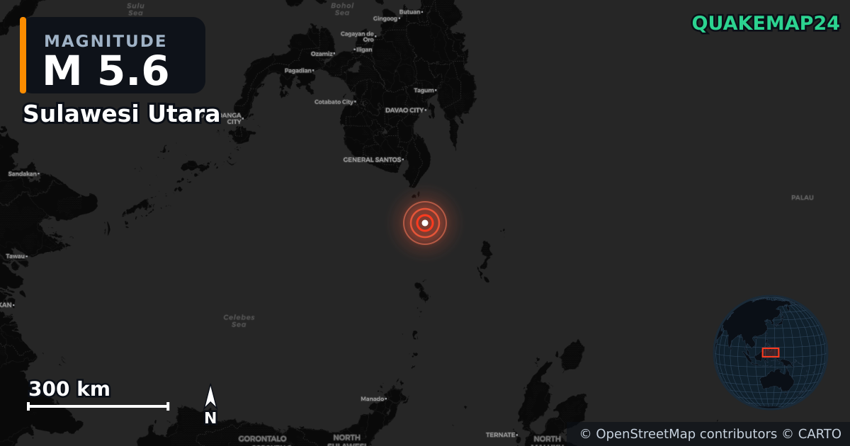 M5.6 earthquake near Sulawesi Utara on Jun 11, 2026 — map of epicenter and shaking intensity | QuakeMap24