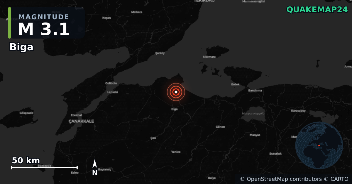 M3.1 earthquake near Biga on Aug 26, 2025 — map of epicenter and shaking intensity | QuakeMap24
